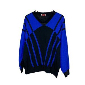 Vintage 80's Young Stuff v neck Sweater black blue Size 56 Chest Made In USA